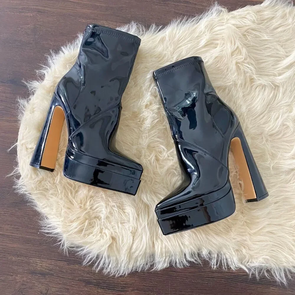 Fashion Nova Black Patent Pointy Thick Platform Mid Calf High Heel Boots US 7.5